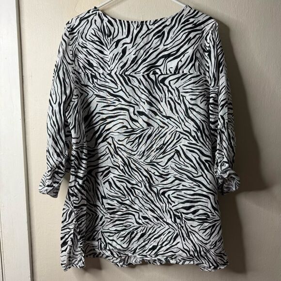 Cynthia Rowley Black White Zebra Animal Print 100% Linen Button Blouse - Picture 4 of 5